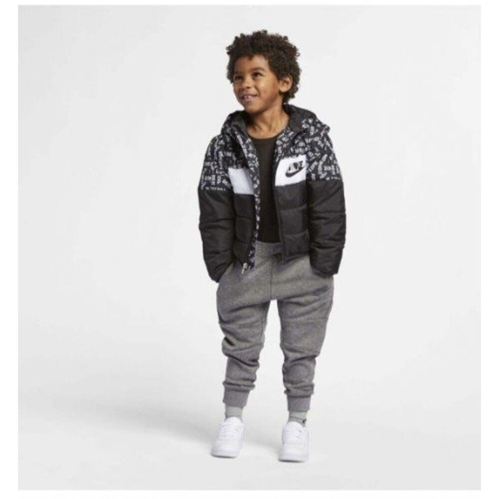 Nike Puffer Jacket Black White Boys Sz 5/S Just Do It Spellout Print Full Zip